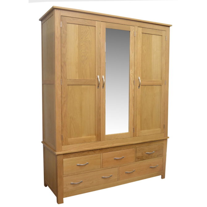 Classic Oak 3 Door, 5 Drawer Wardrobe 