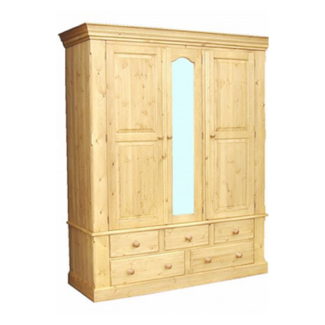 Pine and Oak Cottage Pine Triple Wardrobe On 5 Drawers, Mirror Centre
