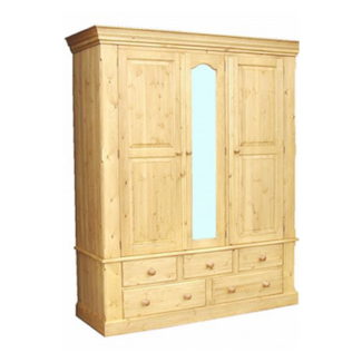 Cottage Pine Triple Wardrobe On 5 Drawers, Mirror Centre