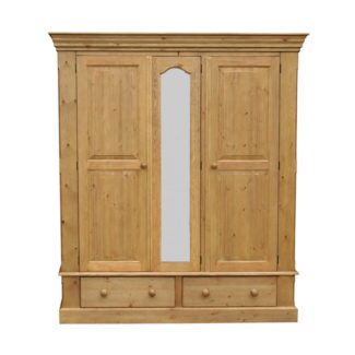 Pine and Oak Cottage Pine Triple Wardrobe On 2 Drawers, Mirror Centre