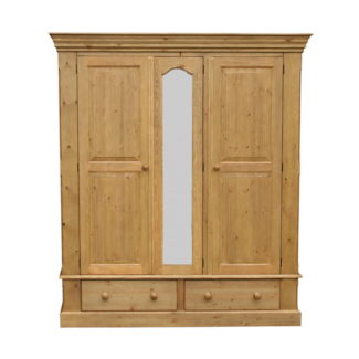 Cottage Pine Triple Wardrobe On 2 Drawers, Mirror Centre