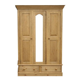 Cottage Pine Triple Wardrobe On 2 Drawers and Mirror