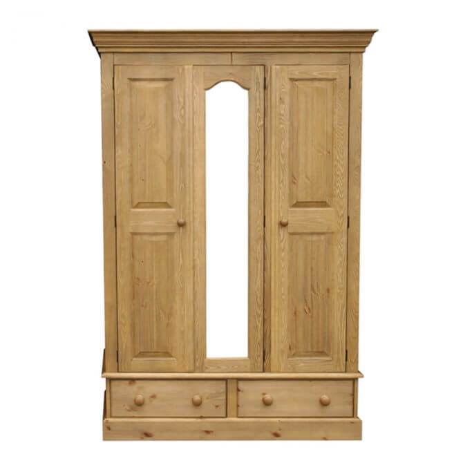 Pine and Oak Cottage Pine Triple Wardrobe On 2 Drawers and Mirror