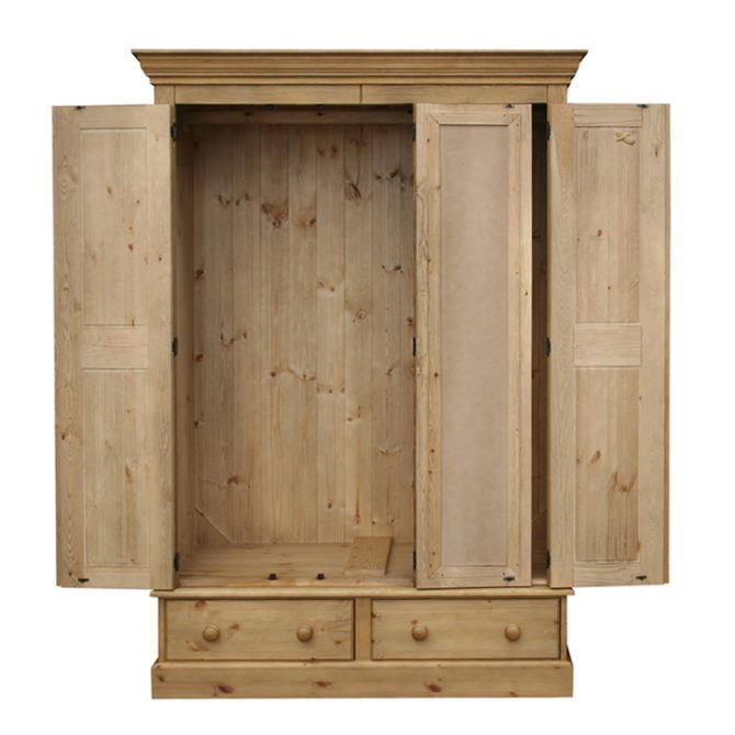Pine and Oak Cottage Pine Triple Wardrobe On 2 Drawers and Mirror
