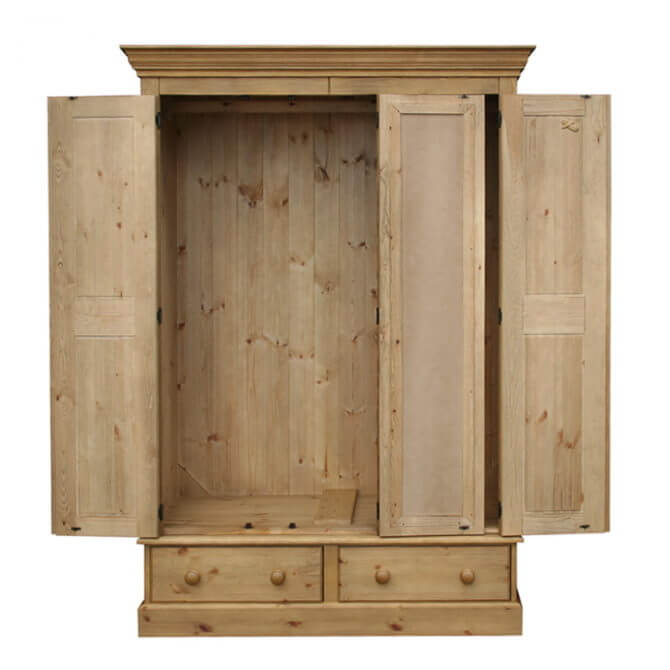 Pine and Oak Cottage Pine Triple Wardrobe On 2 Drawers and Mirror