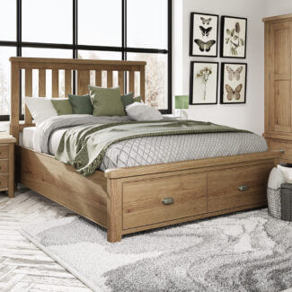 Holburn Oak 4'6" Bed, 2 Drawers, Wood Headboard