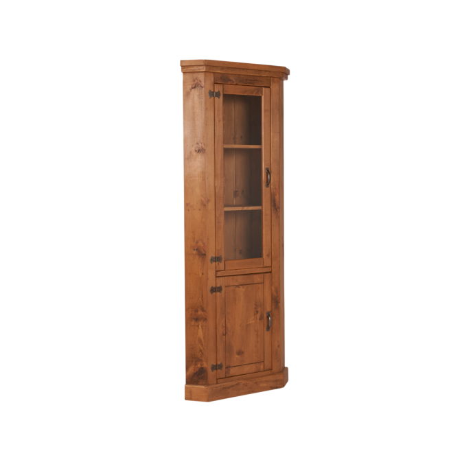 Pine and Oak Rustic Plank Tall Corner Unit with Glazed Door