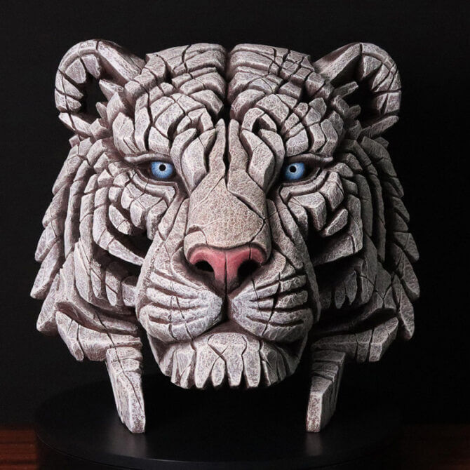 Pine and Oak Edge Sculpture Tiger Bust - White